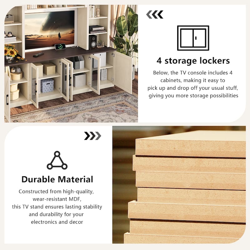 Modern 87.6" Wall Unit Entertainment Center with Bookshelves for TVs up to 55", TV Stand Media Console with Charging Station