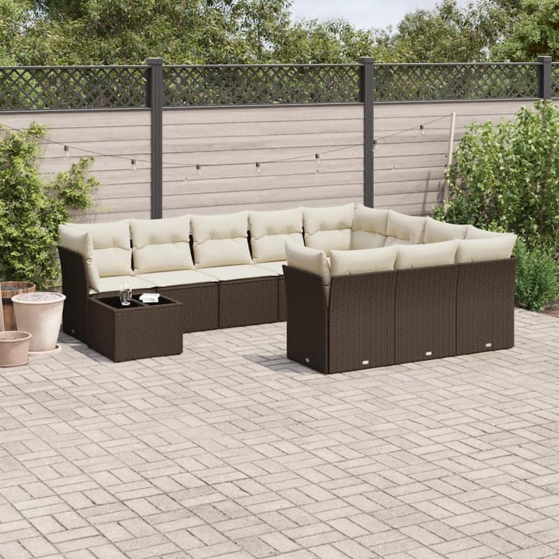 vidaXL Patio Sofa Set with Cushions Outdoor Furniture 11 Piece Poly Rattan - 21.7 x 21.7 x 14.6 - Brown and cream