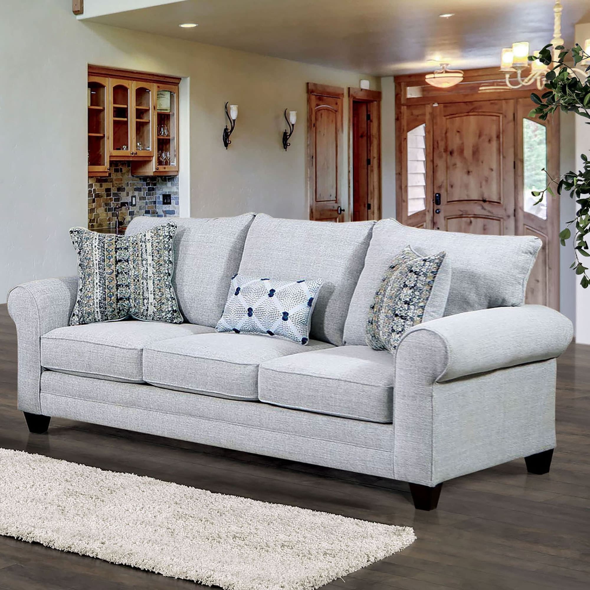 Furniture of America Nolinas Transitional Grey Fabric Upholstered Rolled Arms Sofa