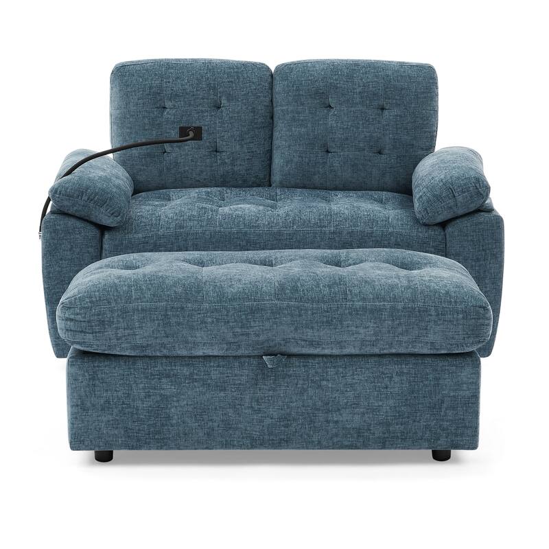Double Recliner Chair with Adjustable Backrest, Storage Ottoman, USB Port & Phone Stand