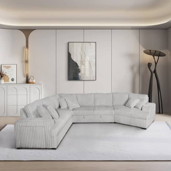 Modern Right Facing Half U-Shaped Pull Out Sectional Sofa with Storage Armrest, USB Port and Pillows