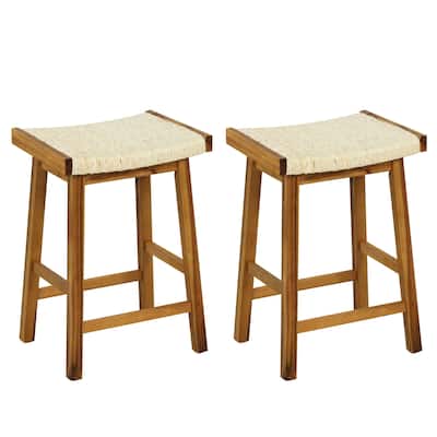 Set of 2 25.5 Inch Dining Bar Stool with Seaweed Woven Seat - 17.5" x 13.5" x 25.5"