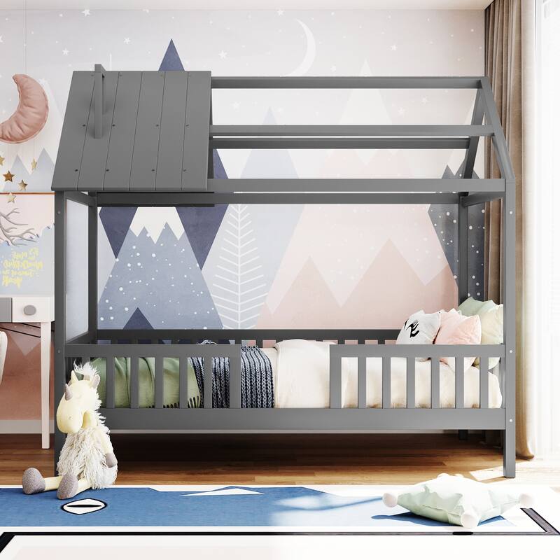 Twin Size White House Bed with Roof, Fence, and Sturdy Wood Frame - Grey - Twin