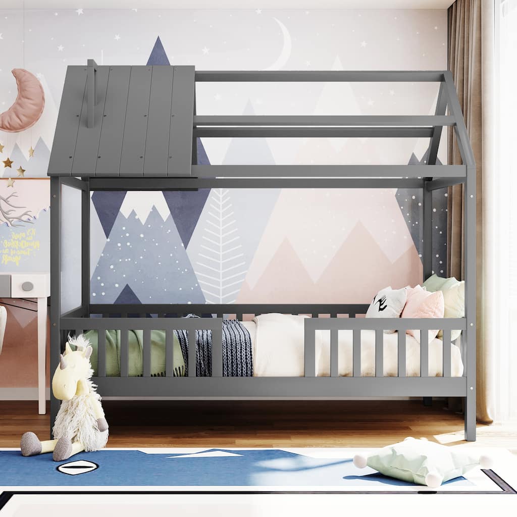 Twin Size Wood House Bed with Roof, Fence, and Chimney, Sturdy Pine Frame, Perfect for Kids' Bedrooms