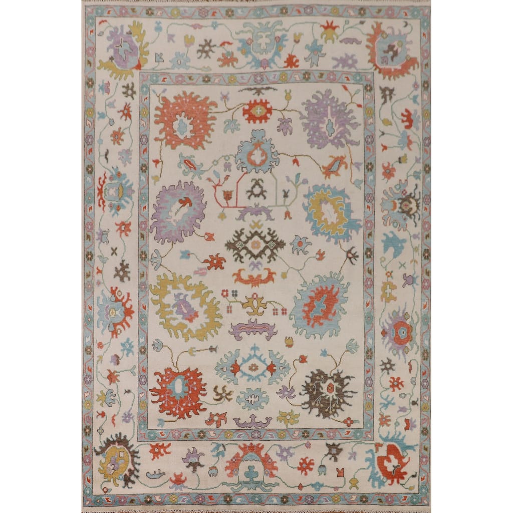 Beige Transitional Floral Oushak Area Rug Hand-Knotted Wool Carpet - 8'9" x 12'0"