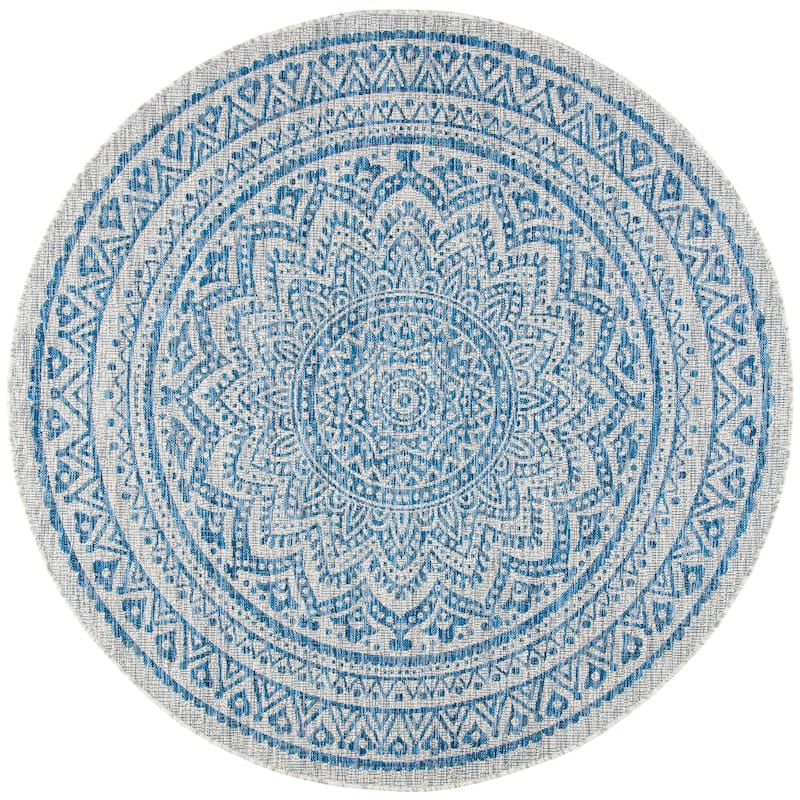 SAFAVIEH Courtyard Fran Mandala Indoor/ Outdoor Waterproof Patio Backyard Rug - 5'3" Round - Light Grey/Blue