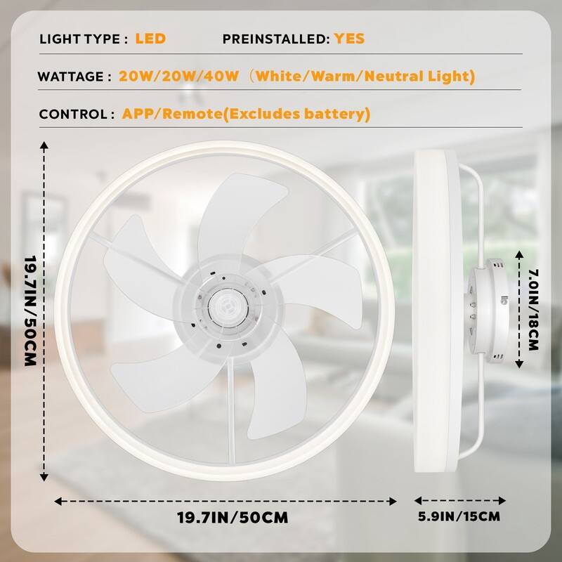 20 in. LED Indoor Black Low Profile Flush Mount Ceiling Fan with Light Remote Control for Bedroom, Small Room