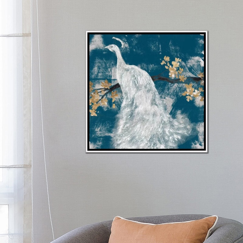 iCanvas "White Peacock on Indigo II" by Jennifer Goldberger Framed Canvas Print