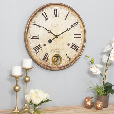 Raleigh Golden Brown Metal and Composite Wood Pendulum Wall Clock - 22"H x 22"W x 2"D