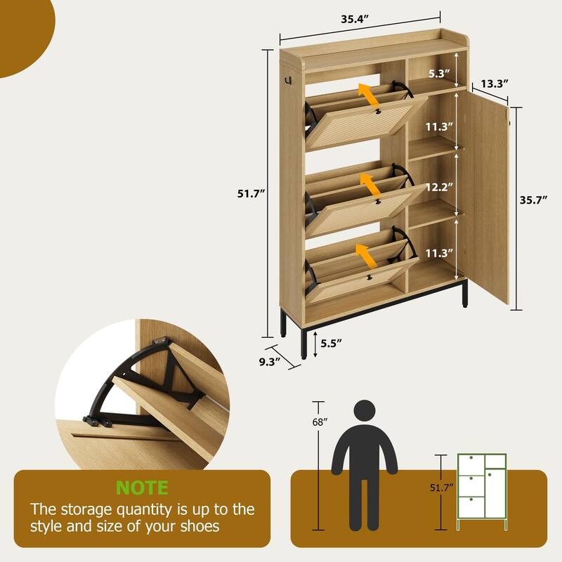 Rattan Shoe Storage Cabinet with 3 Flip Drawers - 3 Flip Drawers