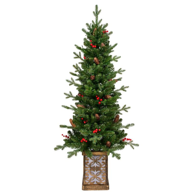 4ft Pre-Lit Green Christmas Tree With Glitter Base-100 Multicolor Led Lights,396 Tips,Red Berries & Pine Coness