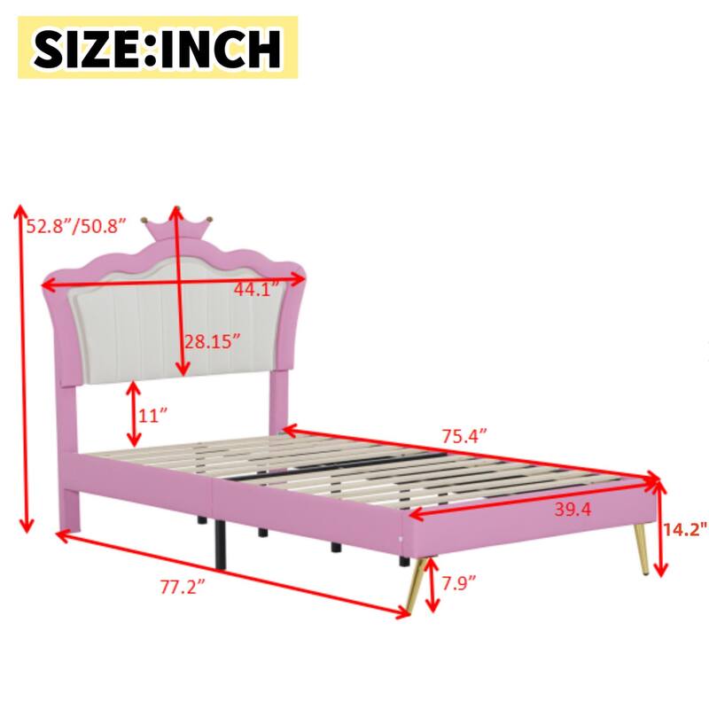 Twin Size Upholstered Princess Bed with Crown Headboard and LED Lights, Pink and White