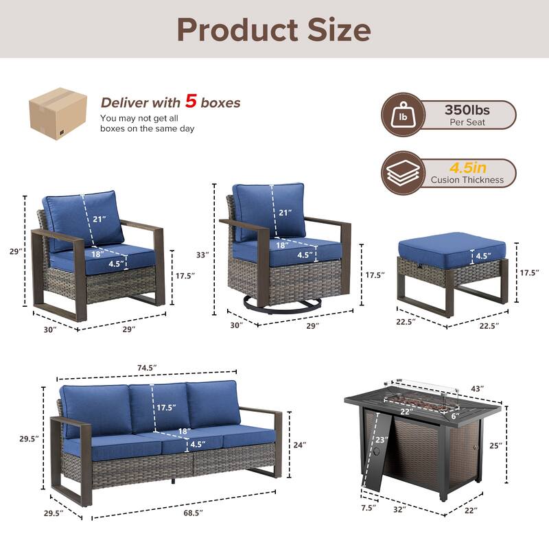 Meyreso Wicker Outdoor Patio Metal Fire Pit Set with Swivel Gliders and Olefin Cushions