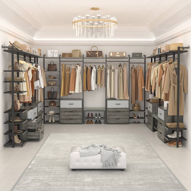 96'' Closet Organizer System with 6 Drawers, Clothing Rack Wardrobe Closet Garment Rack for Walk In Closets