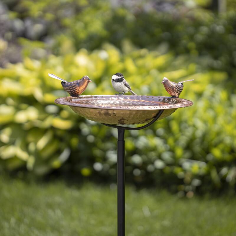 Pure Copper Bird Bath, Featuring Two Copper Birds, and a Multipronged Garden Pole By Good Directions