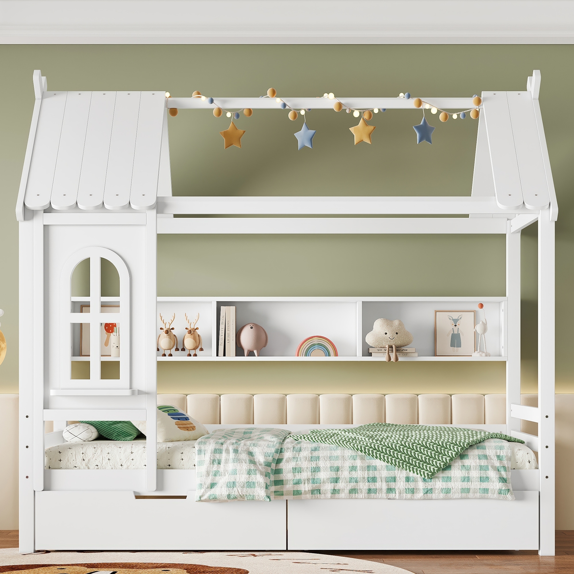 Charming House Bed for Girls, Boys Low Platform Bed Frame with Under-bed Drawers, Storage Shelves, Window and Roof