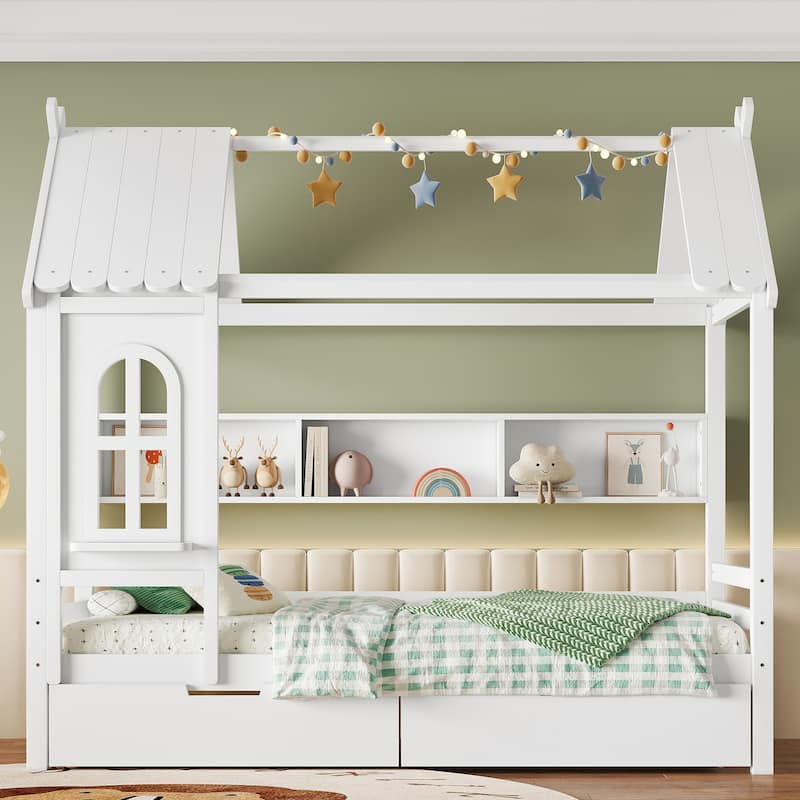 Charming House Bed for Girls, Boys Low Platform Bed Frame with Under-bed Drawers, Storage Shelves, Window and Roof - White - Twin