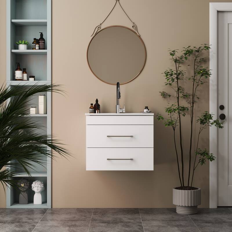 GDFStudio - 24-Inch Gloss Wall-Mounted Bathroom Vanity with Double Drawers Ceramic Sink, and Aluminium Frame