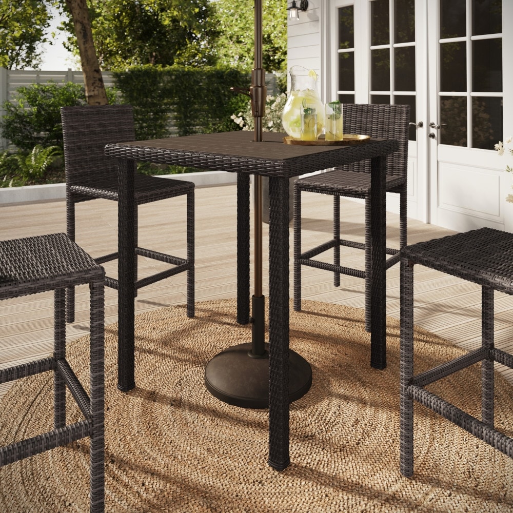 Martha Stewart Outdoor Rattan Wicker Patio Bar Table with Engineered Wood Top - 37"W x 37"D x 41"H