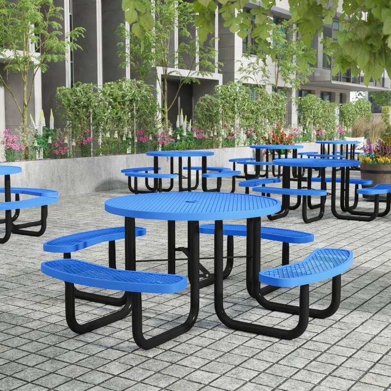 Commercial Grade Expanded Mesh Metal Outdoor Picnic Table with Anchors - 82.5"D x 82.5"W x 29"H - Blue