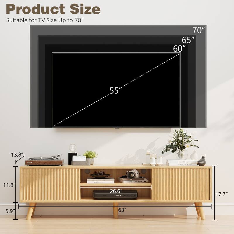 Gymojoy 63" TV Stand for TVs Up to 75 Inches, Boho Entertainment Center with Fluted Sliding Doors & Shelves. - 63"W.