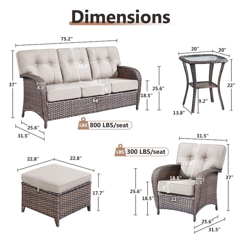 TWrap 6-Piece Patio Brown Wicker Sofa Conversation Set with 5-Inch Thick Cushions