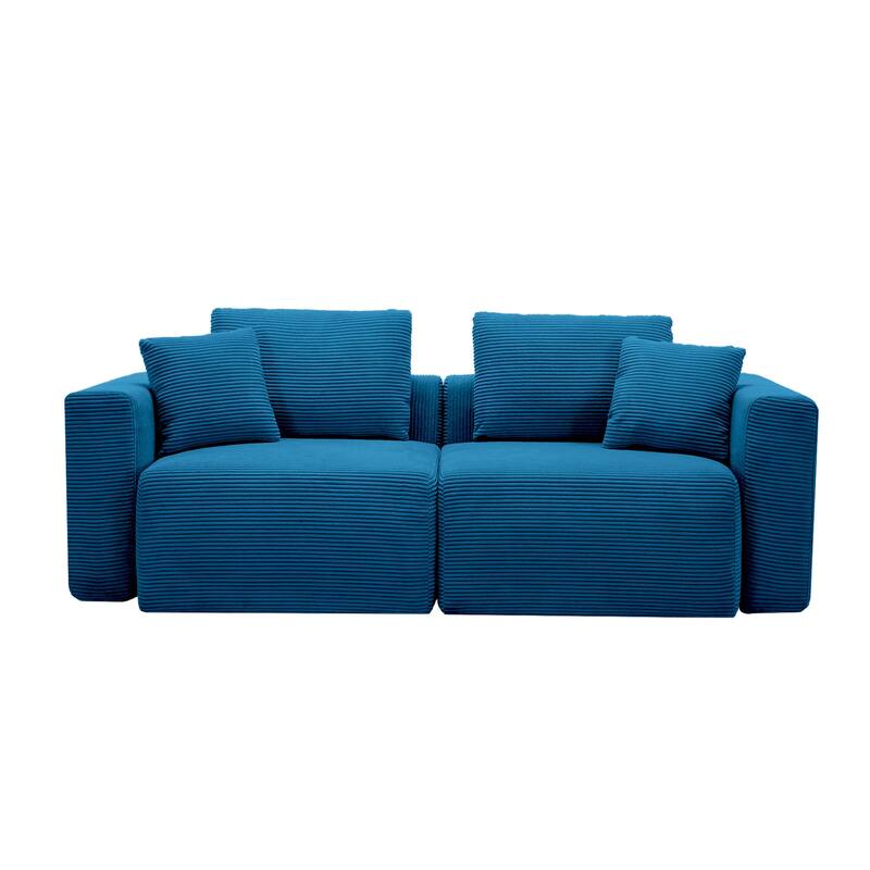Corduroy Sectional Modular Sofa with Square Arms & Ottoman Extension for Flexible Arrangements - Loveseats - Opal Blue