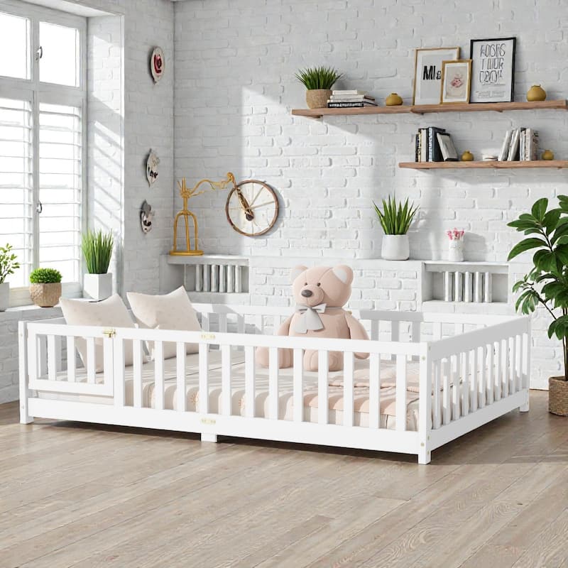 Floor Bed with Fence, Solid Rubber Wood Montessori Floor Bed with Safety Guardrails