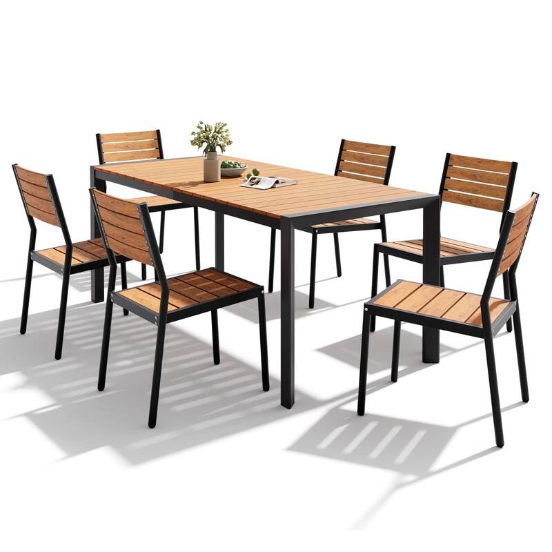 Set of 7 Outdoor Patio Dining Set WoodLike Table Top Aluminum Rectangular Umbrella Hole Table with Stackable Chairs