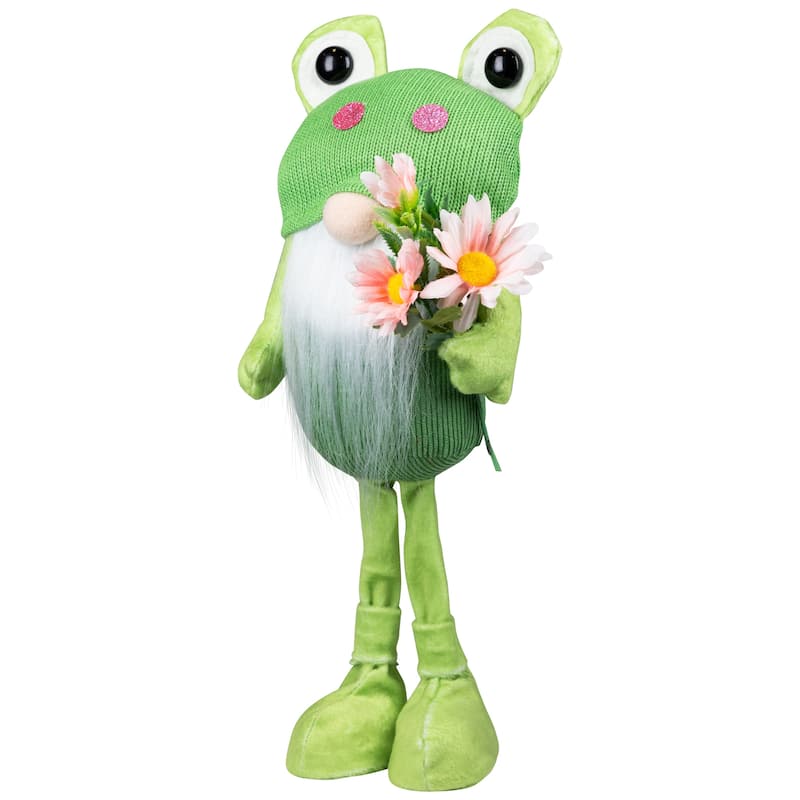 Standing Spring Gnome with Glittered Frog Hat - 14.5" - Green and White