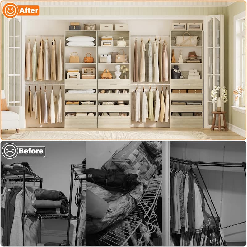 140'' Walk-in Closet Organizer System with 12 Drawers ＆ 4 Hanging Rods, 8.5-11.5FT Wooden Wardrobe Clothes Rack with 3 Towers