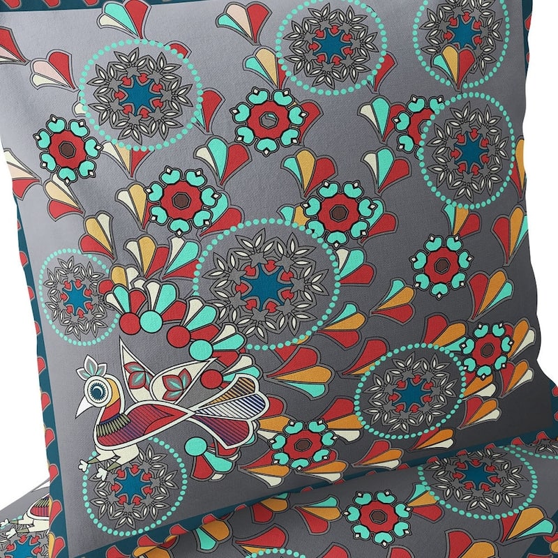 HomeRoots Set of Two 16" X 16" Gray and Yellow Peacock Blown Seam Floral Indoor Outdoor Throw Pillow - 16.00' X '16.00' X '5.00