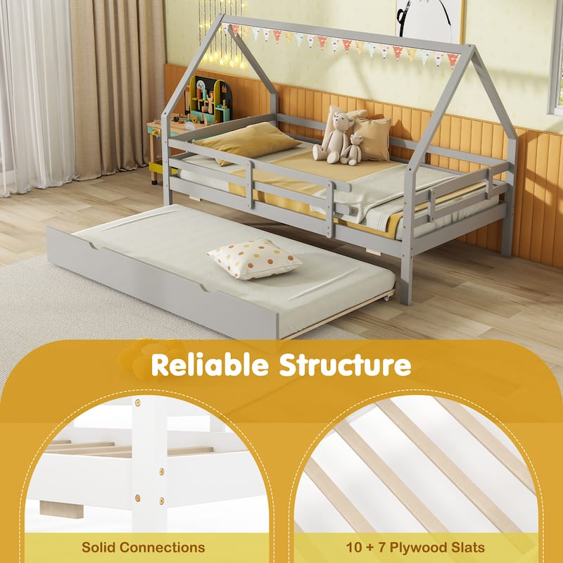 Gymax Twin Size House Bed w/ Trundle Wooden Kids Bed w/ Safety Rails &