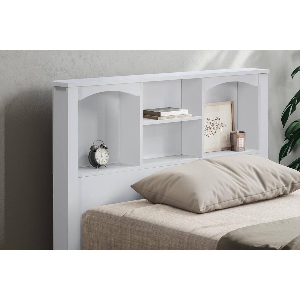 Twin Sized White Bookcase Headboard with Storage Shelves for Books, Decor, and Functional Bedroom Use