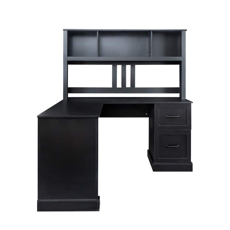 Anmytek Black L Shaped Desk with Hutch and Drawers Corner Computer Workstation for Home Office Gaming