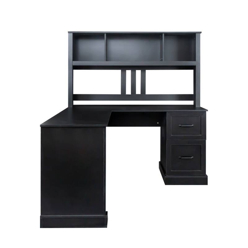 Home Office Computer Desk with Hutch, L-Shape Work Desk Corner Desk with 2-tier Open Shelf and 2 Large Drawer