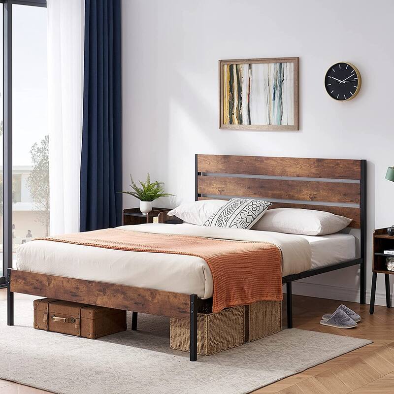 Twin Size Metal Platform Bed Frame with Headboard and and Footboard, No Box Spring Needed Sturdy Wooden Slats Support