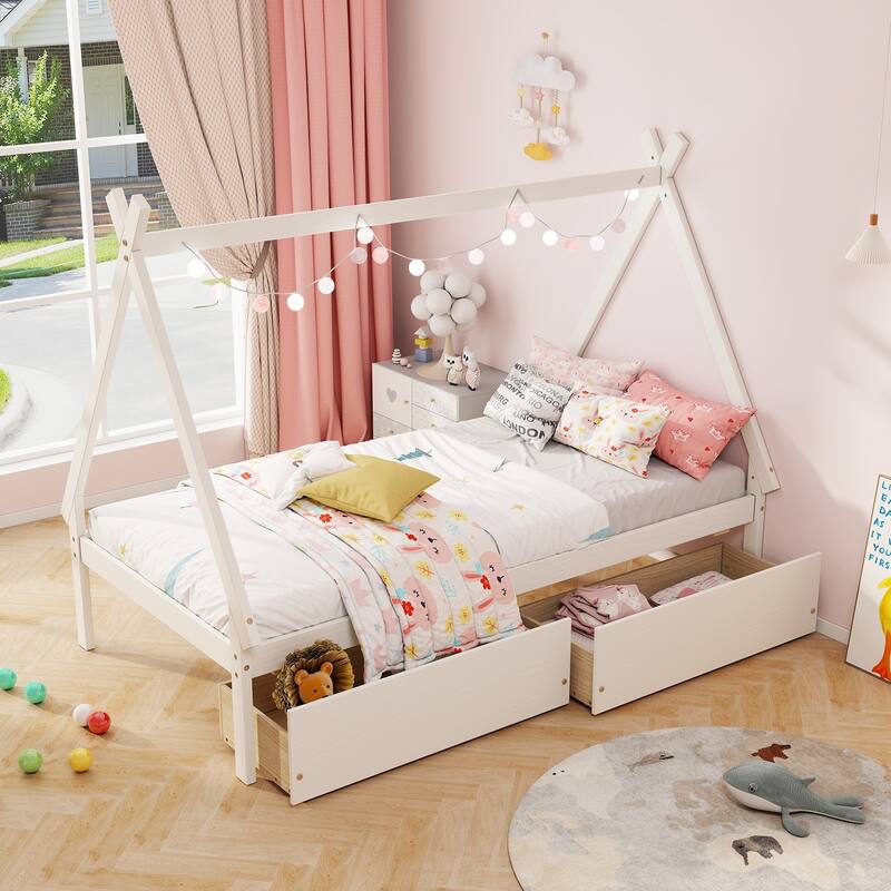 Kids Twin Size Wooden House-Shaped Platform Bed with Storage Drawers for Boys and Girls