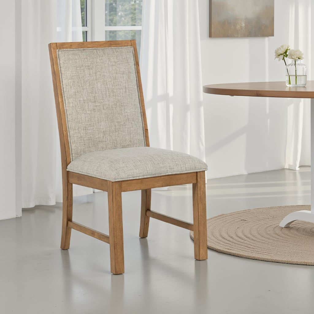 Rune Dining Side Chair Set of 2, Brown Asian Hardwood, Beige Fabric