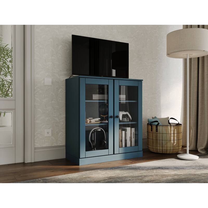 Palace Imports 100% Solid Wood TV Stand with Clear Glass Doors for TVs up to 32" - Teal Blue