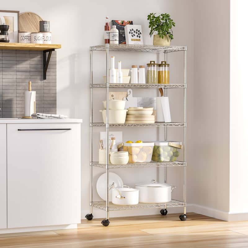 Seville Classics 5-Tier Steel Wire Shelving with Wheels, 30" W x 14" D x 60" H