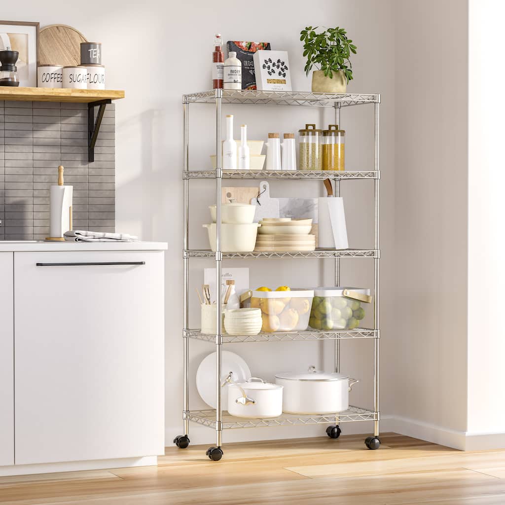 Seville Classics 5-Tier Steel Wire Shelving with Wheels, 30" W x 14" D x 60" H