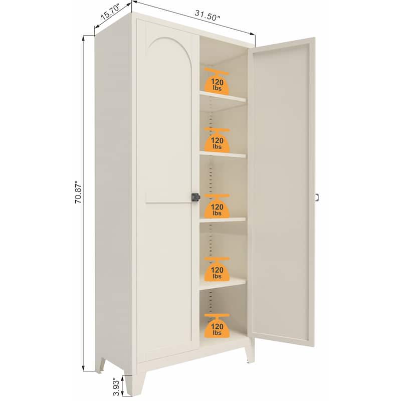71" 2 Shapely Door Cabinet With Lock, Metal Storage Cabinet with Doors and Adjustable Shelves, for Kitchen Bedroom Living Room