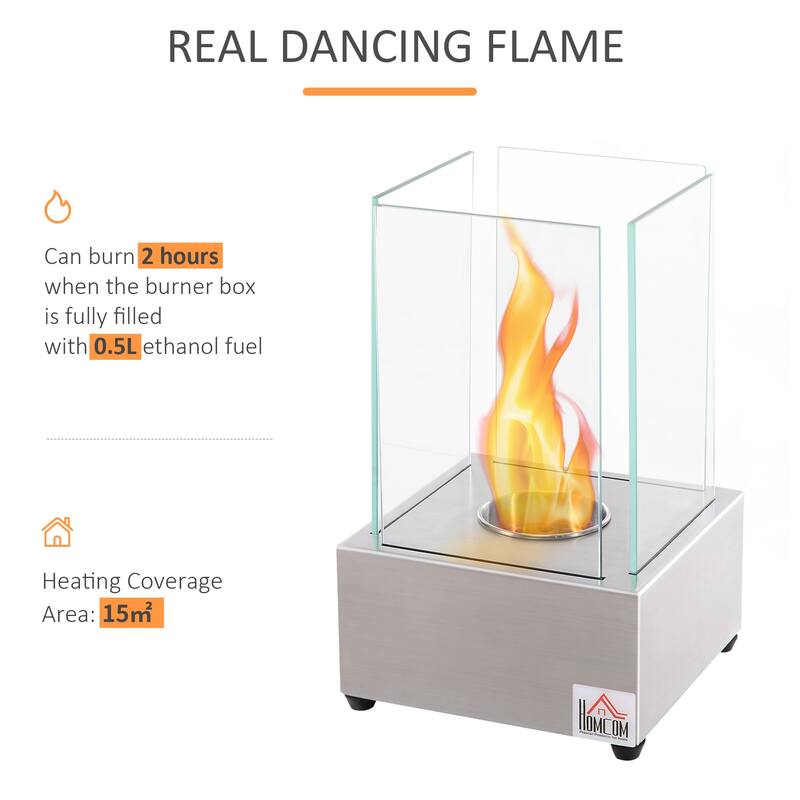 HOMCOM Freestanding Tabletop Ventless Bio Ethanol Fireplace Glass