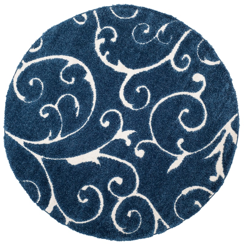 SAFAVIEH Florida Shag Shahin Scroll 1.2-inch Thick Textured Rug - 4' Round - Dark Blue/Cream
