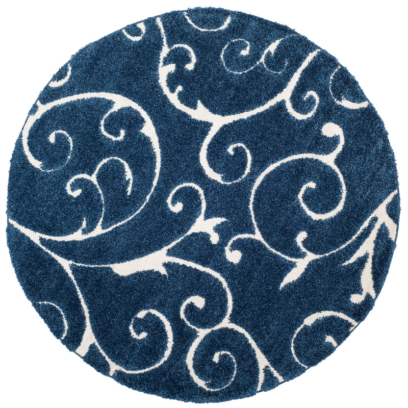SAFAVIEH Florida Shag Shahin Scroll 1.2-inch Thick Textured Rug - 4' x 4' Round - Dark Blue/Cream