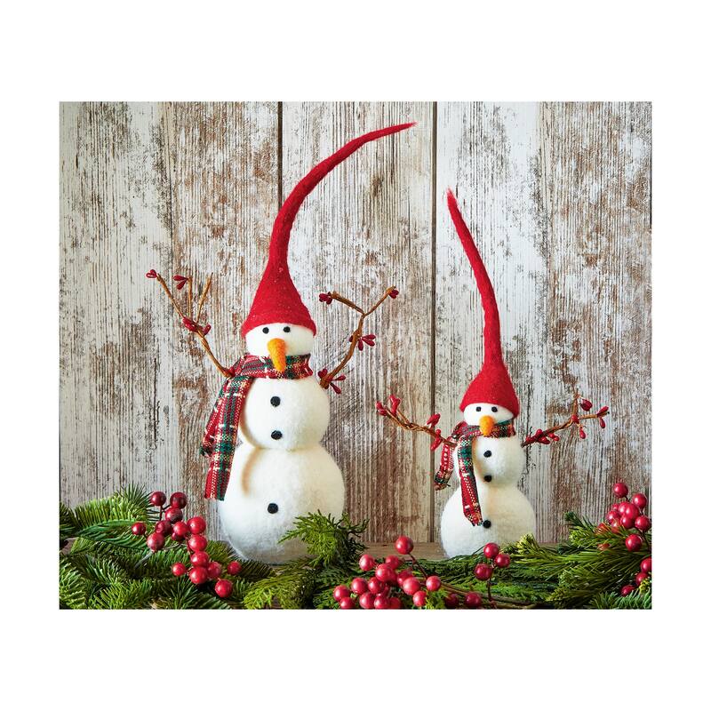 Small Snowman Figurine with Branch Arms Decorative Object for Christmas Multicolor Wool 12 in H x 2.75 in L x 2.75 in W