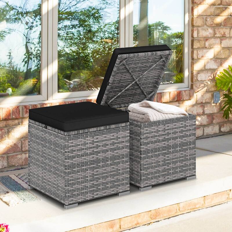 Costway 2PCS Patio Rattan Ottomans Seat Side Table Storage Box - See Details - Black+Gray