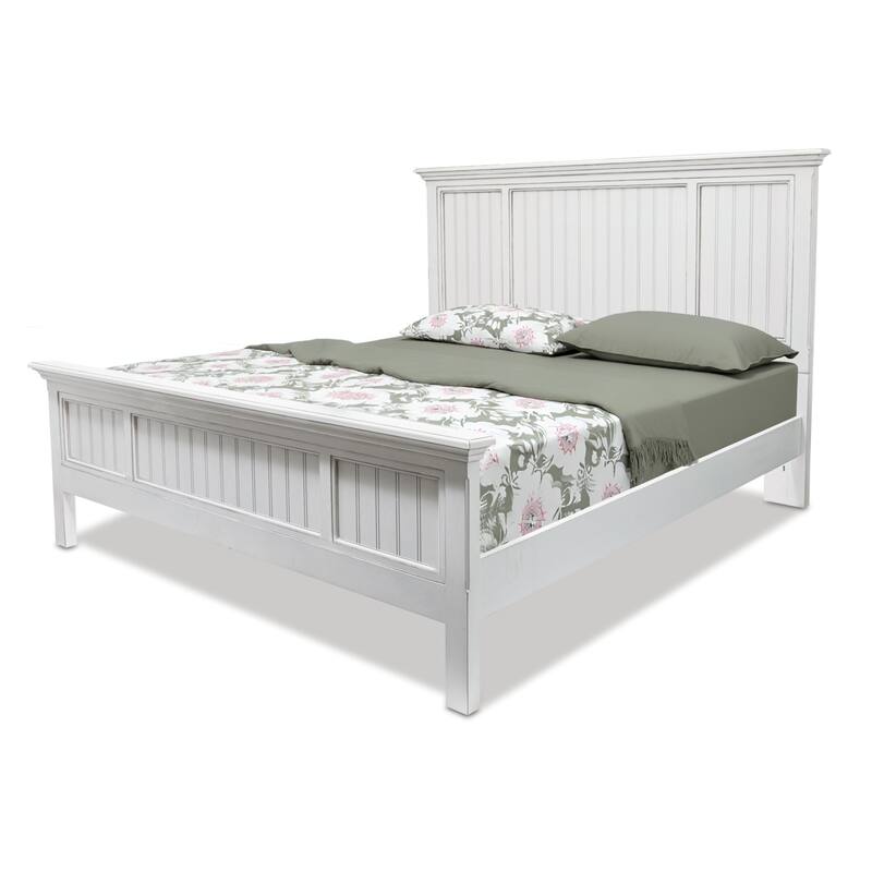 HomeRoots White Carved Geometric Distressed Solid Wood Queen Bed Frame