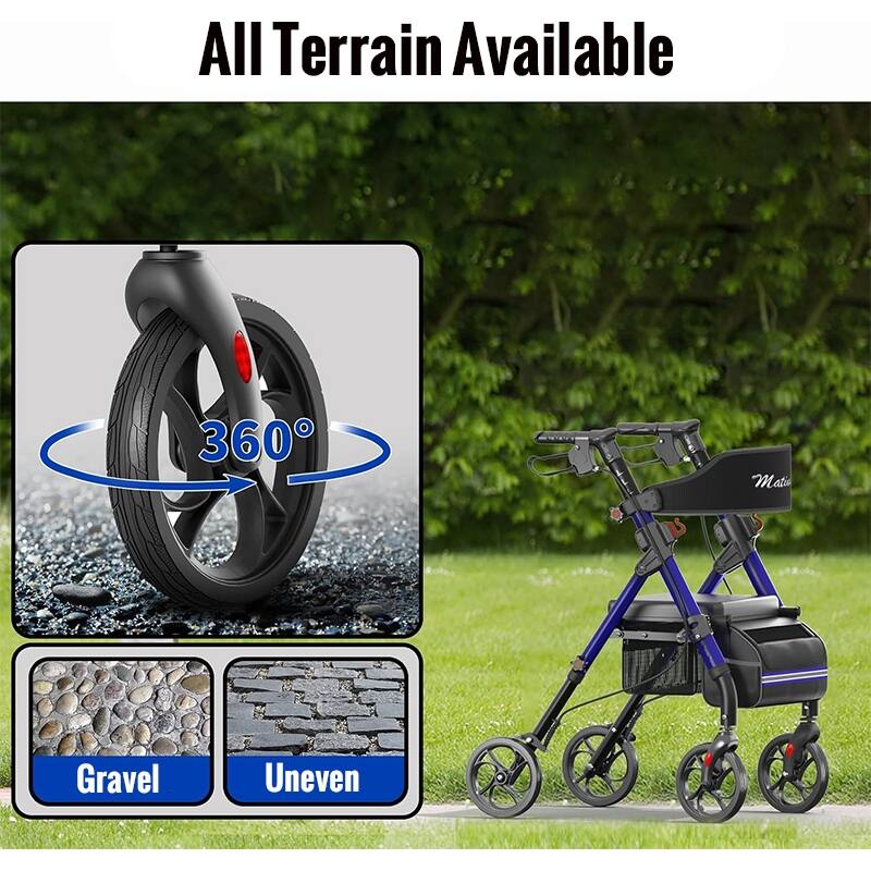 Matinal Foldable Rollator Walkers with Seat for Seniors, 350 lb Capacity, 8'' Big Wheels, 6-Position Height